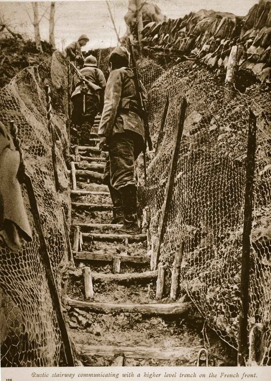 Rustikk trapp som kommuniserer med en grøft på høyere nivå på den franske fronten, 1914-19 av English Photographer
