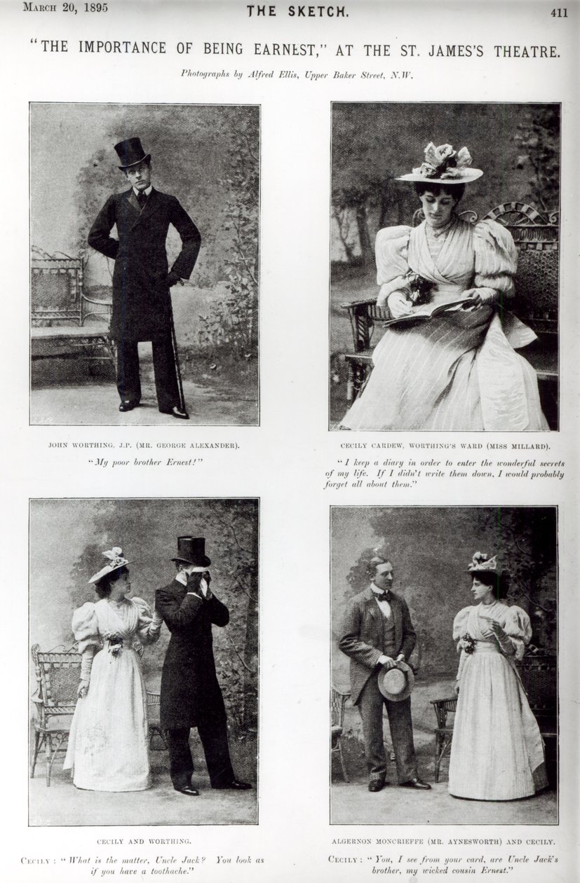 Scener fra The Importance of Being Earnest, av Oscar Wilde (1854-1900) ved St. James Theatre, fra Sketch, 20. mars 1895 av English Photographer