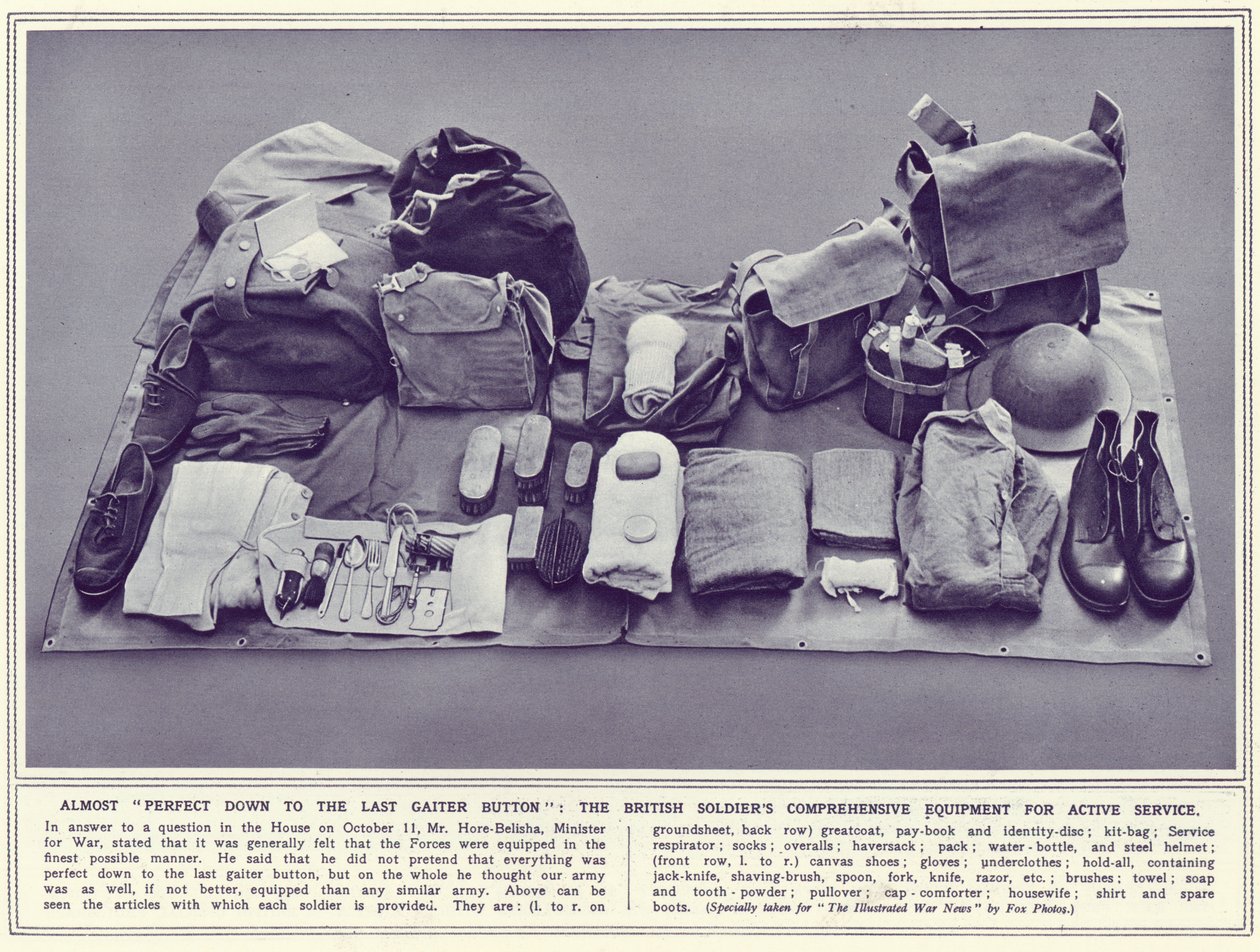 De britiske soldatene omfattende utstyr for aktiv tjeneste, fra The Illustrated War News, publisert 8. november 1939 av English Photographer