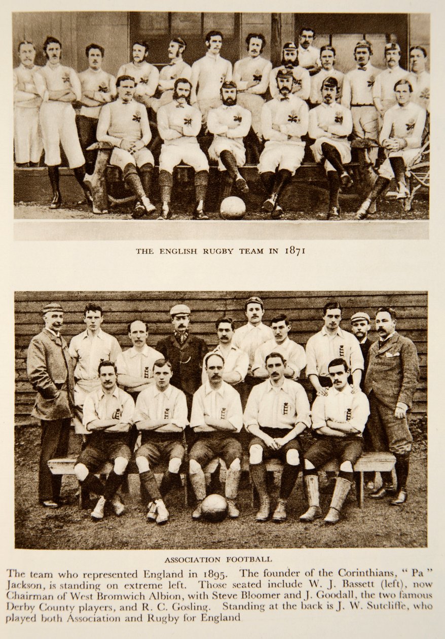 Det engelske rugbylaget i 1871 og Association Football-representanter i 1895, fotografier fra The Times (fotogravure) av English Photographer