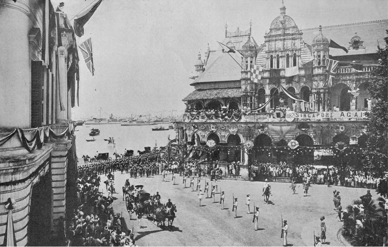 Ankomsten av hertugen og hertuginnen av Cornwall og York til Singapore, illustrasjon fra Kongen, 25. mai 1901 av English Photographer