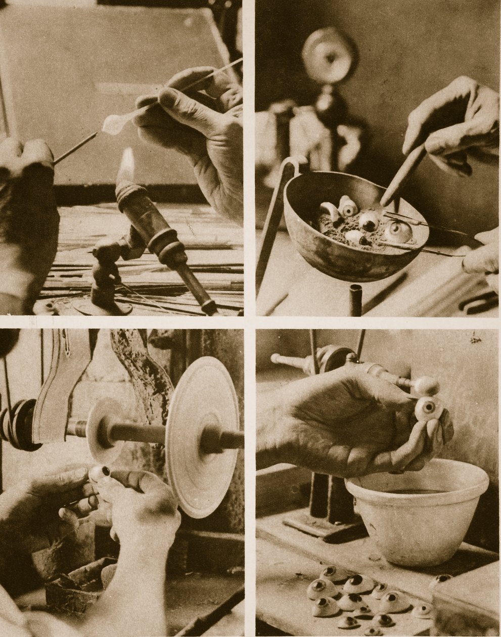 Prosessen med å lage øyekuler i farget glass for hjemvendte soldater fra første verdenskrig (sepia-bilde) av English Photographer