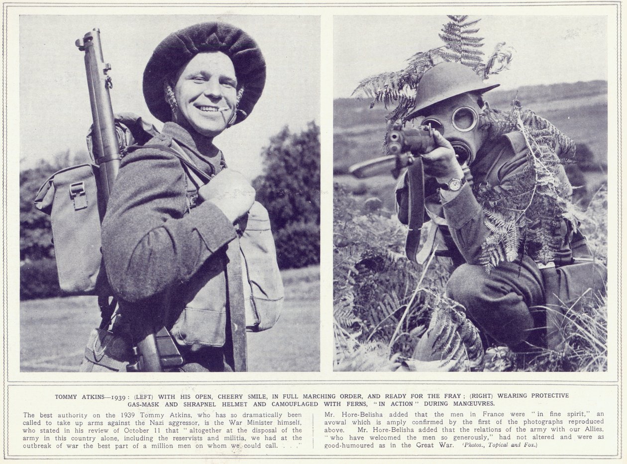 Tommy Atkins, med kirsebærsmil og i full marsjerekke og med beskyttende gassmaske og kamuflasje, klar for kampen, fra The Illustrated War News, publisert 8. november 1939 av English Photographer