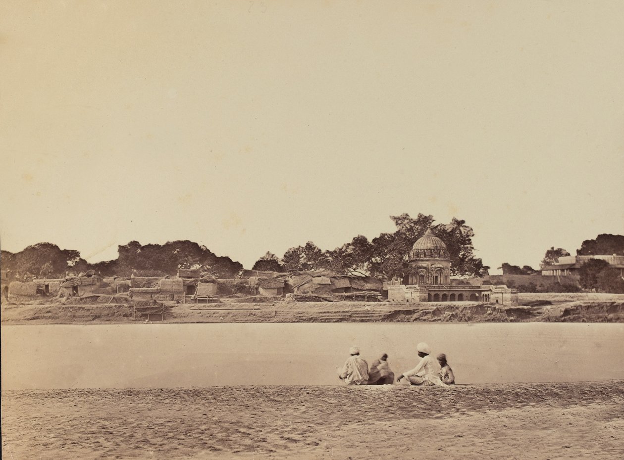 Landsby ved en elv, ca. 1858 (sepia-bilde) av English Photographer