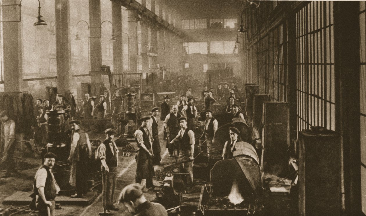 Arbeidere i smedbutikken ved Beckton Gas Works, fra Wonderful London, publisert 1926-27 (fotogravyr) av English Photographer