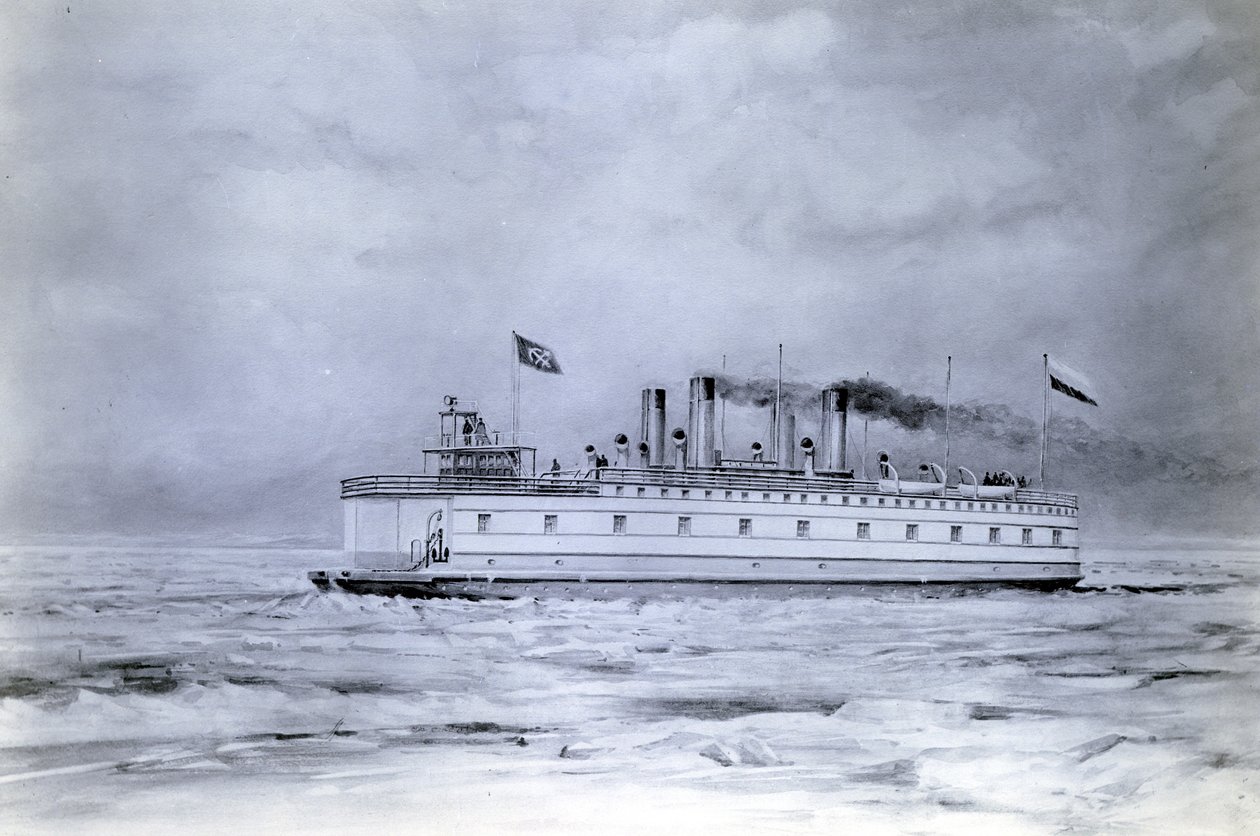 Hagenr. 647, Baikal. Fotografi av et maleri som viser den isbrytende togfergedamperen Baikal i drift av English Photographer