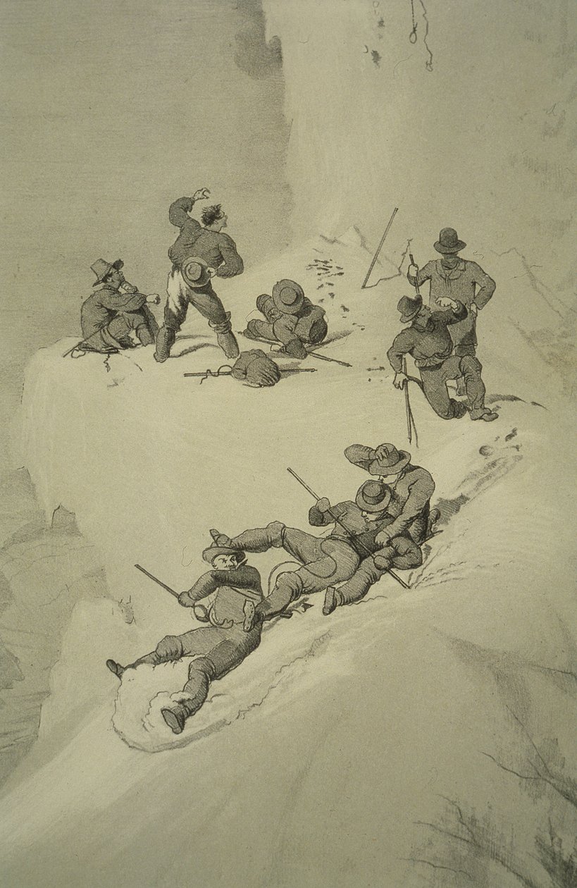 Et fall på oppstigningen, fra ti scener i den siste oppstigningen av Mont Blanc, inkludert fem utsikter fra toppen, av J.D.H. Browne, utgitt 1853 av English School
