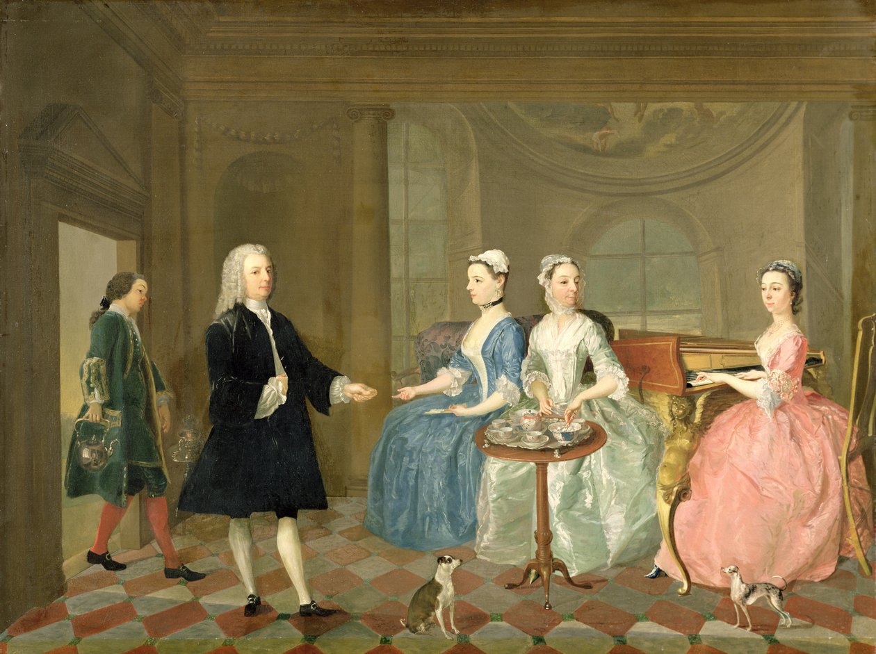 En familie som blir servert med te, ca. 1740-45 av English School