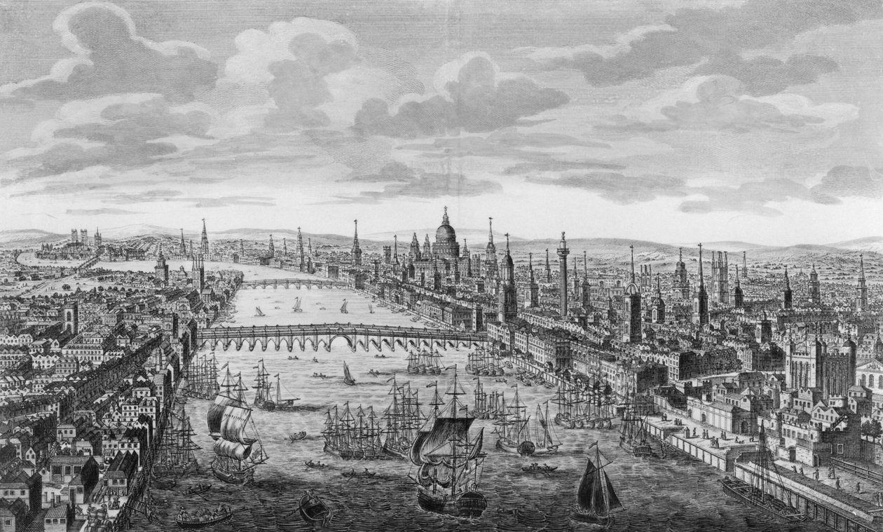 Et generelt syn på London City ved Themsen, ca. 1780 av English School