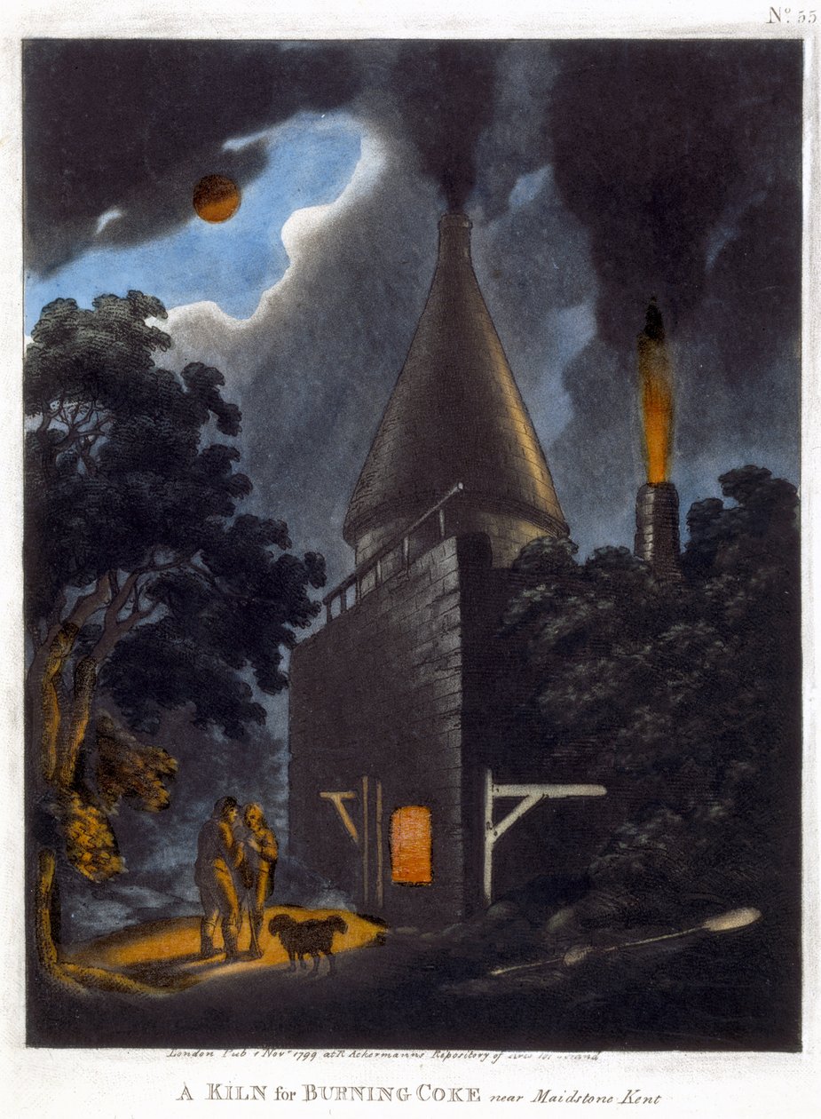 A Kiln for Burning Coke, nær Maidstone, Kent, november 1799 (fargeakvatint) av English School