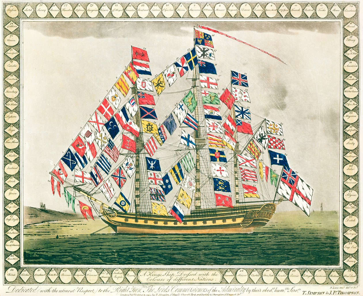 Et kongeskip kledd med forskjellige nasjoners farger, 6. oktober 1794 av English School