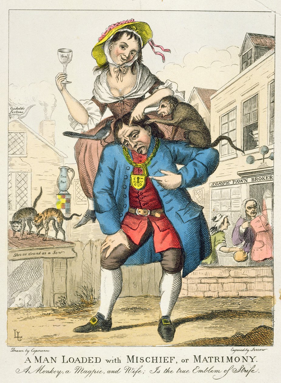 En mann lastet med ugagn, eller ekteskap, ca. 1766 (fargetsning) av English School