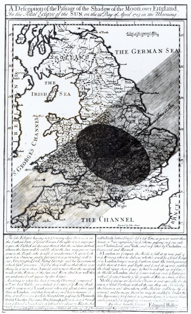 Et kart som viser passasjen av månens skygge over England 22. april 1715, gravert av John Senex, 1715 av English School