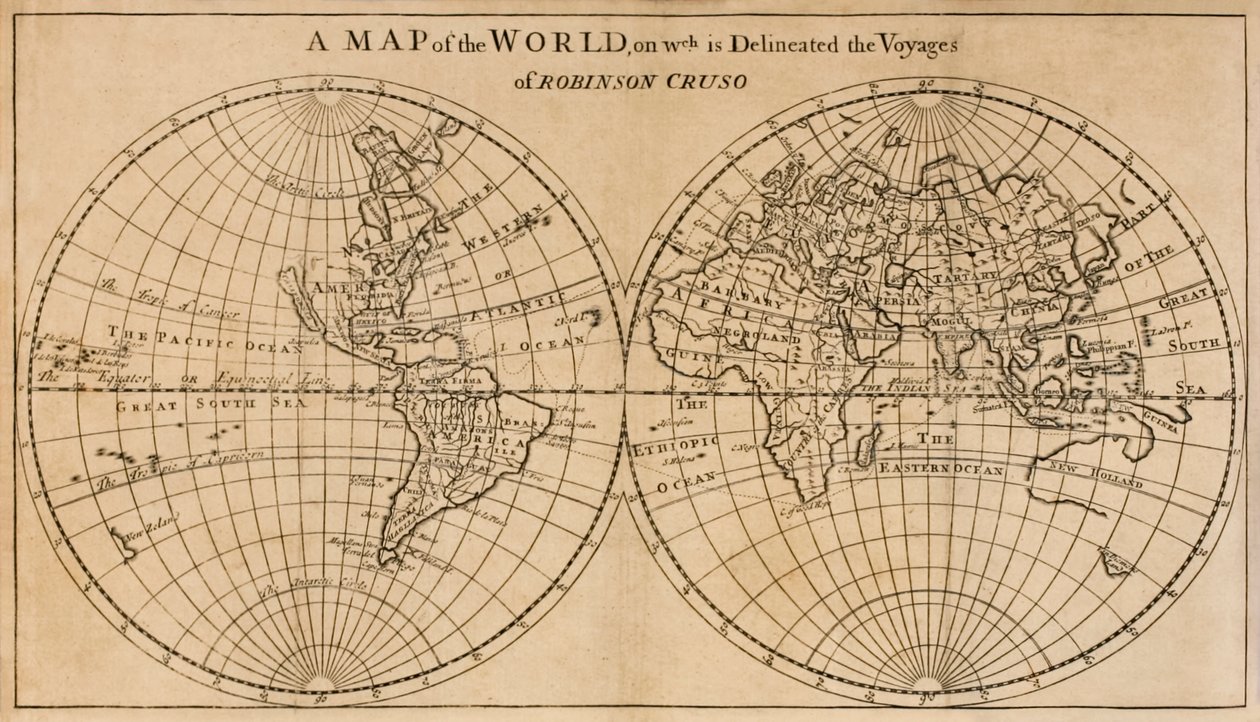 ?Et verdenskart der Robinson Crusoes reise er avgrenset? frontispice utbrettskart fra ?The Farther Adventures of Robinson Crusoe; Å være den andre og siste delen av livet hans, og av t av English School