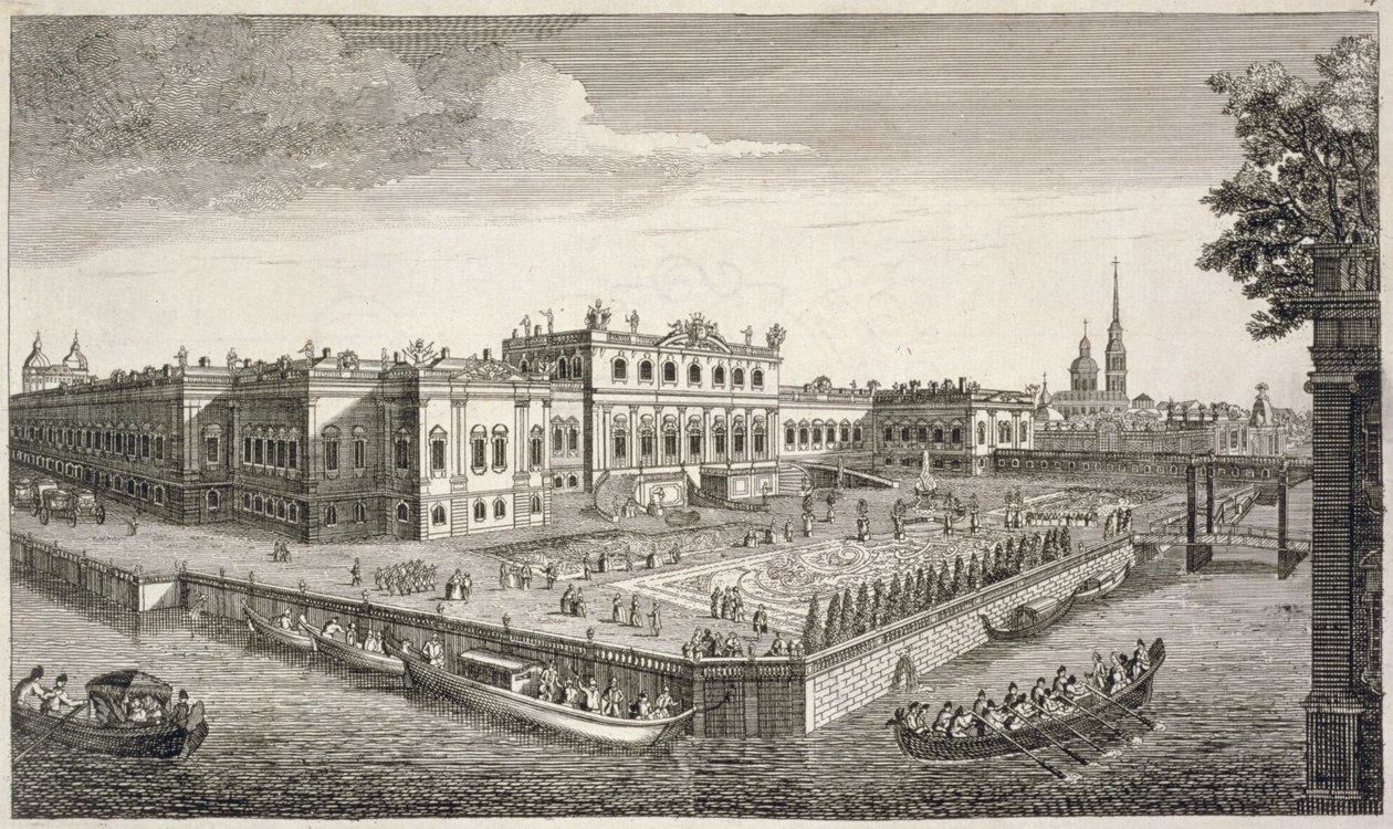 En nordvestlig utsikt over sommerpalasset til Hennes keiserlige majestet i St. Petersburg, pub. av Bowles og Carver (se også 193588) av English School