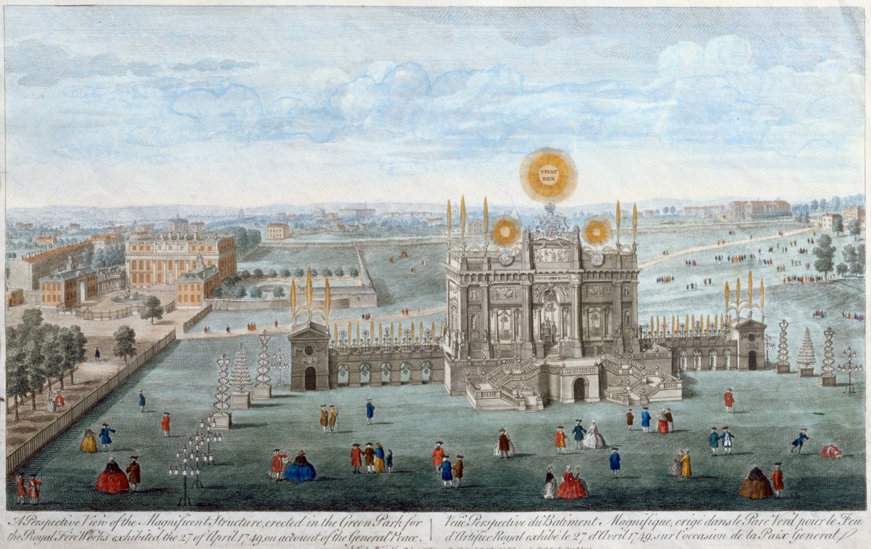 A Perspective View of the Magnificent Structure reist i Green Park for Royal Fireworks, pub. av Robert Wilkinson, 1749 av English School