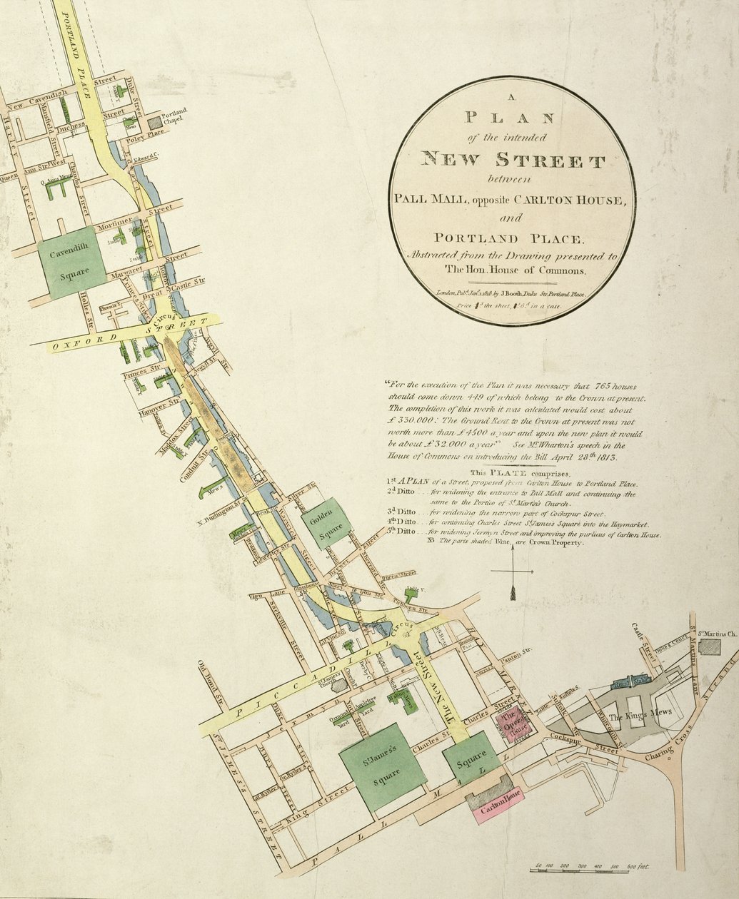 A Plan of the Intended New Street mellom Pall Mall, overfor Carlton House, og Portland Place, designet av John Nash (1758-1835) pub. av J. Booth, 1818 av English School