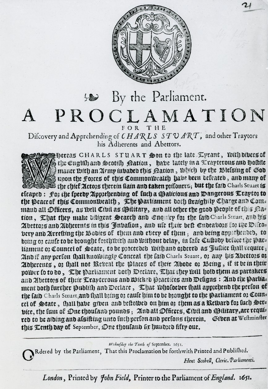 En erklæring fra parlamentet for oppdagelse og pågripelse av Charles Stuart og andre forrædere, tilhengere og forbrytere, publisert 1651 av English School