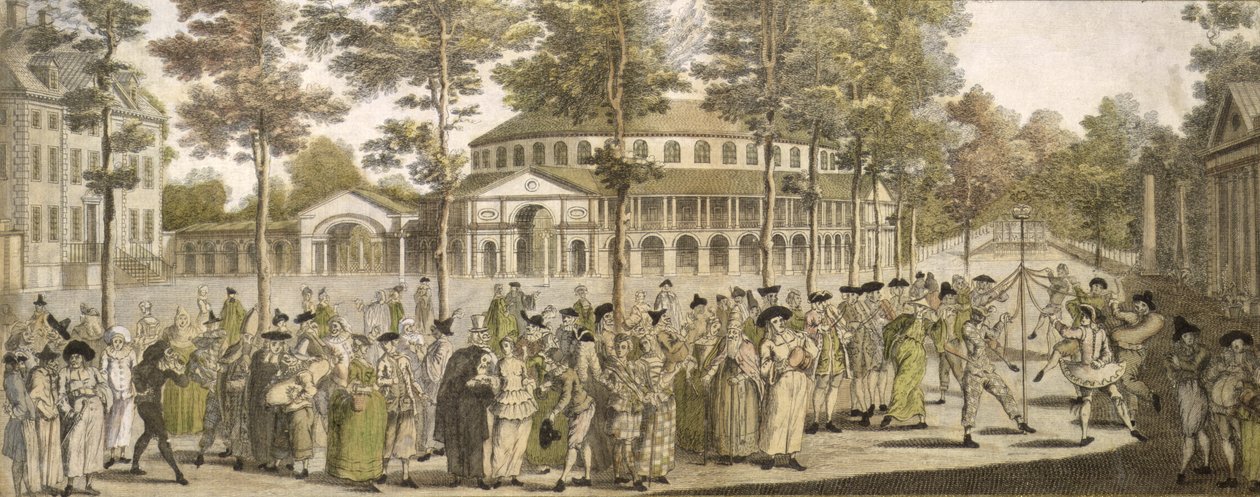 Et skue i Ranelagh Gardens, med rotunden i bakgrunnen, midten av 1700-tallet (fargegravering) av English School