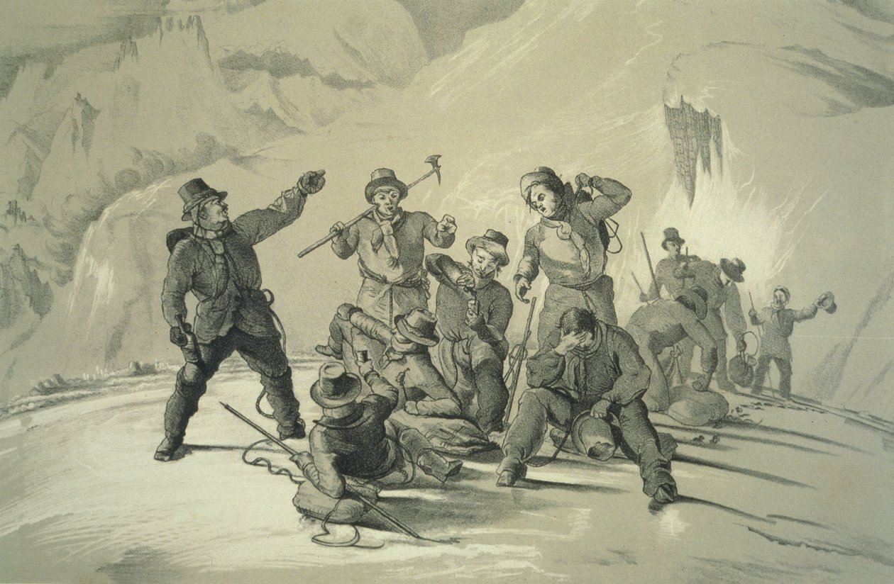 Et stopp for forfriskning, fra ti scener i den siste bestigningen av Mont Blanc, inkludert fem utsikter fra toppen, av J.D.H. Browne, utgitt 1853 av English School