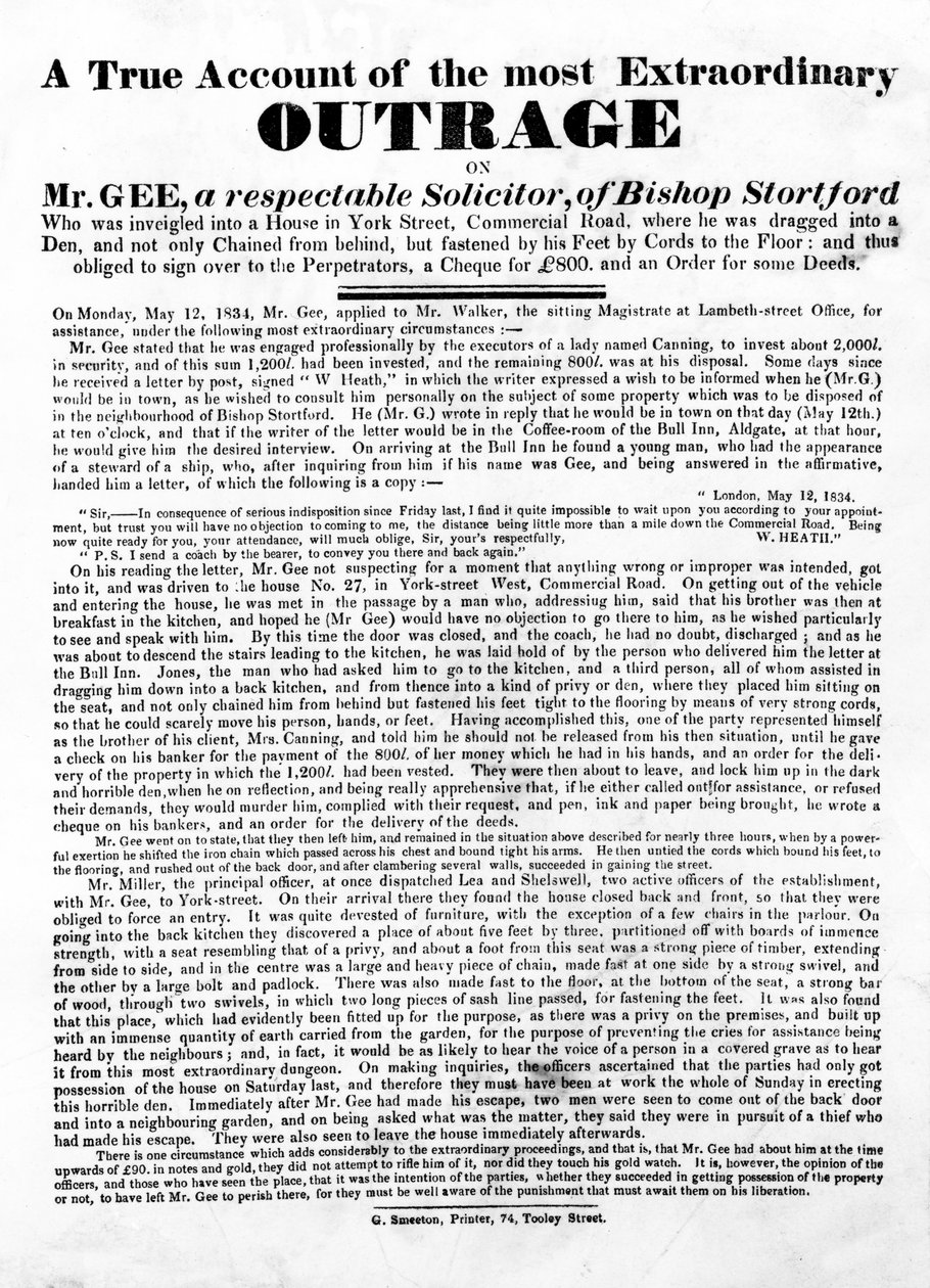 En sann beretning om den mest ekstraordinære forargelsen på Mr Gee, 1834 (boktrykk) av English School