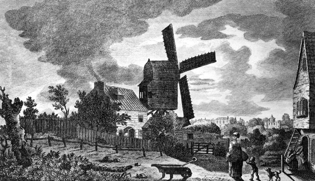 En utsikt over en mølle nær Blackheath i Kent, ved månelys, 1770 av English School