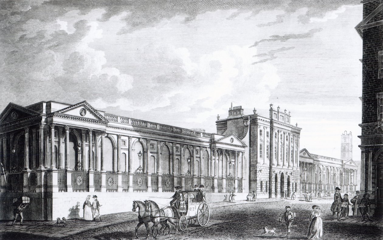 En utsikt over Bank of England, Threadneedle Street, London, 1797 av English School