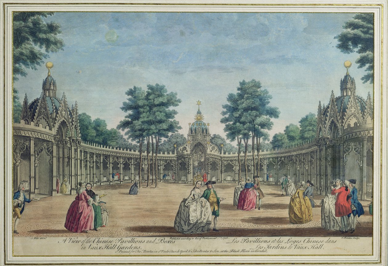 En utsikt over de kinesiske paviljongene og boksene i Vauxhall Gardens, 1751 (fargegravering) av English School