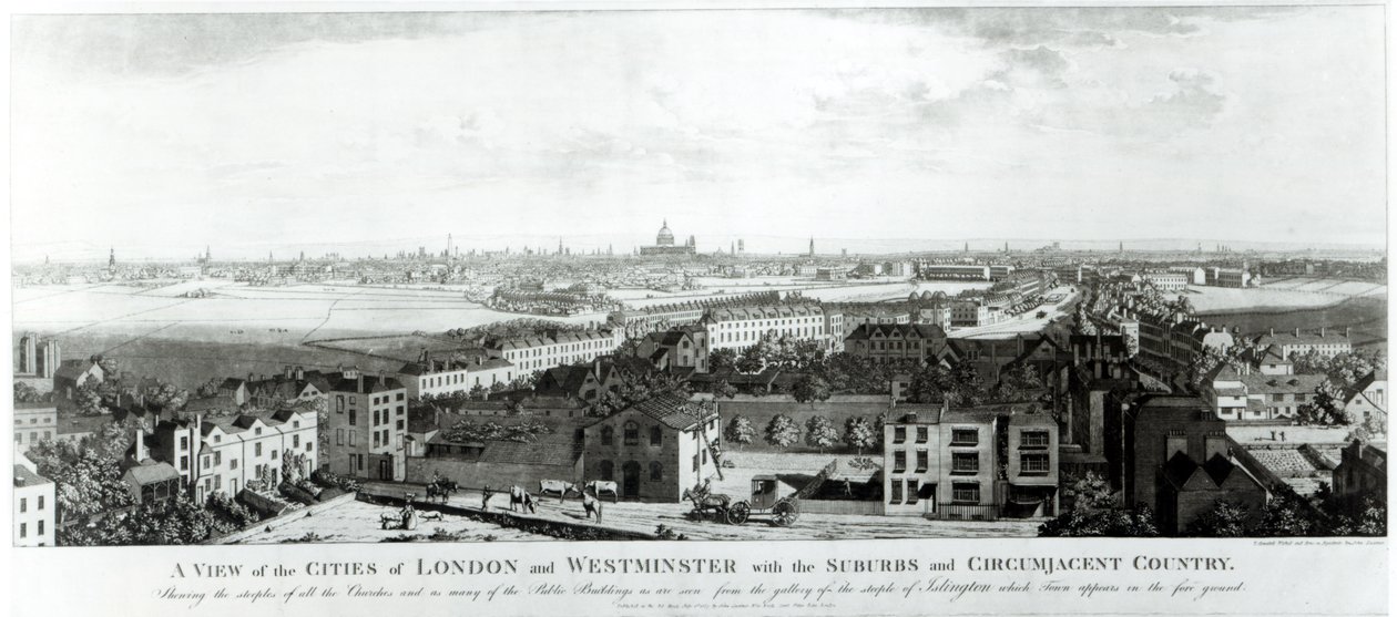 En utsikt over byene London og Westminster med forsteder og omliggende land, 1789 av English School
