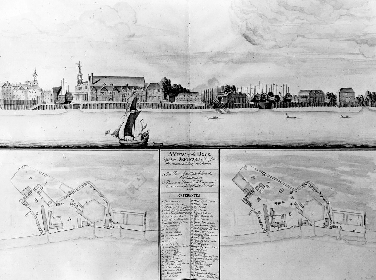 En utsikt over Dockyard ved Deptford tatt fra motsatt side av Themsen, 1698 av English School