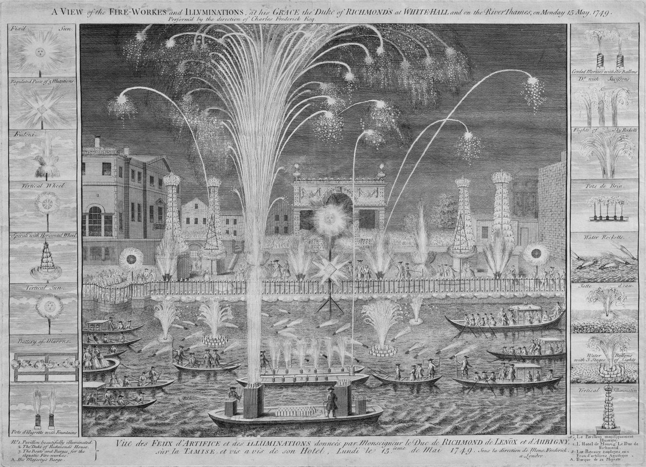 A View of the Fireworks and Illuminations på hans nåde Duke of Richmonds ved Whitehall og på Themsen, mandag 15. mai 1749 (se også 8450) av English School