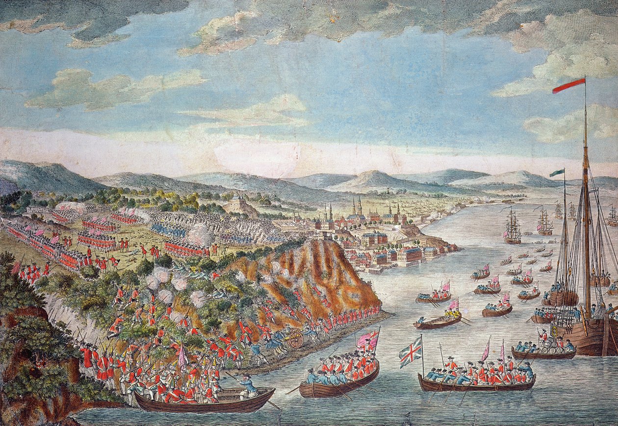 En utsikt over inntoget av Quebec, 13. september 1759 (fargegravering) av English School
