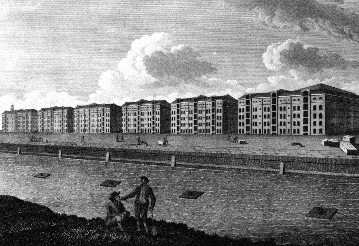 En utsikt over varehusene og West-India Dock, 1803 av English School