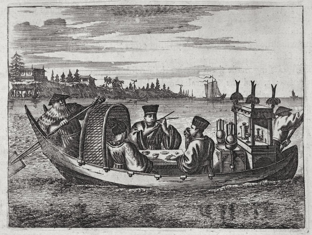A Wealthy Mandarin Dining in a Boat, illustrasjon fra en beskrivelse av ambassader til Kina, 1690 av English School