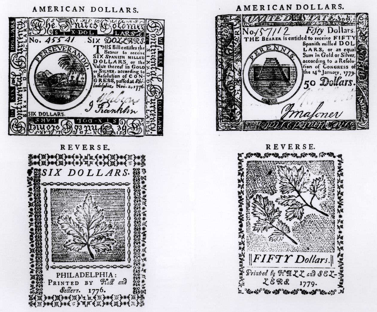 En kolonial seks dollarseddel fra 1776 og en amerikansk femti dollarseddel fra 1779 av English School