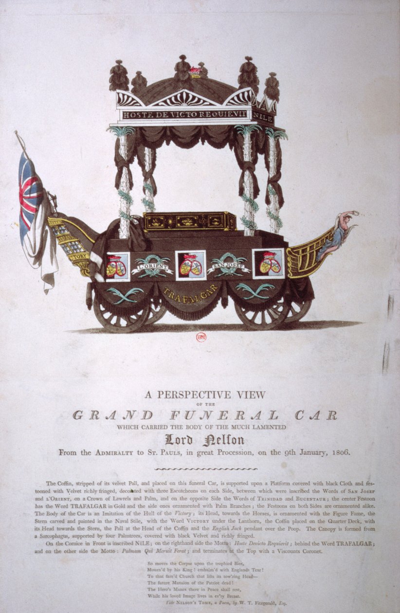 Et perspektivbilde av den store begravelsesbilen som fraktet liket av Lord Nelson fra Admiralitetet til St. Pauls Cathedral 9. januar 1806 av English School