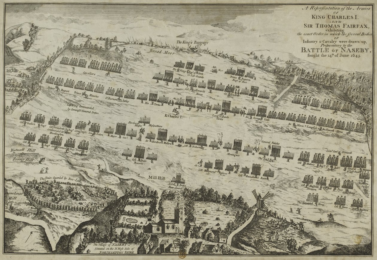 En representasjon av hærene til kong Charles I og Sir Thomas Fairfax som viser den nøyaktige rekkefølgen, forberedende til slaget ved Naseby, 1645 av English School