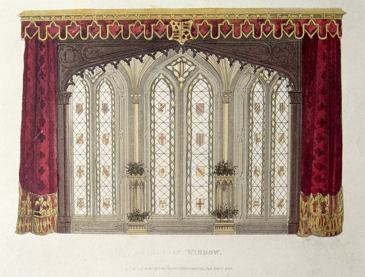 Et sett med fortsatt franske draperivindusgardiner, plate 33 fra Ackermanns Repository of Arts, publisert 1811 av English School