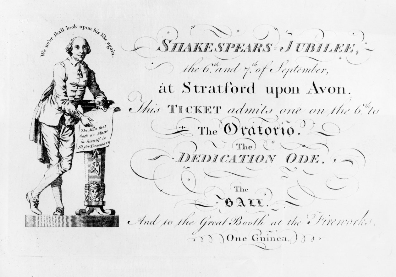 En billett til Shakespeare-jubileumsfeiringen, 1769 av English School