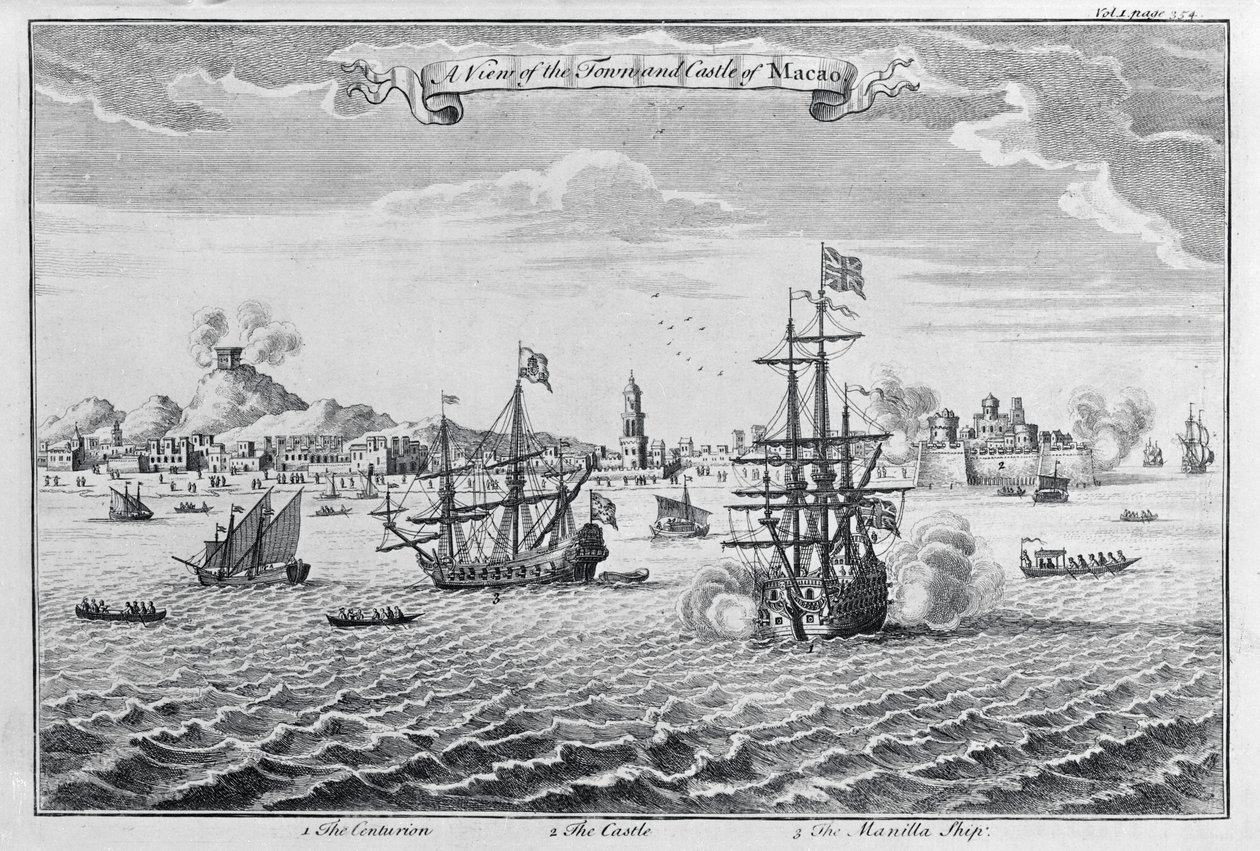 Utsikt over byen og slottet i Macao, ca. 1708 av English School