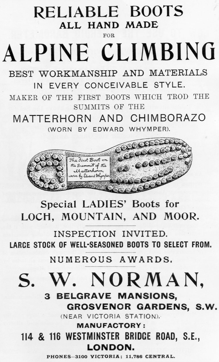 Annonse for S. W. Norman Alpine klatrestøvler, illustrasjon fra 