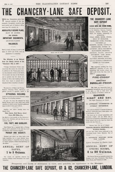 Annonse for The Chancery Lane Safe Deposit, fra The Illustrated London News, 12. februar 1887 av English School