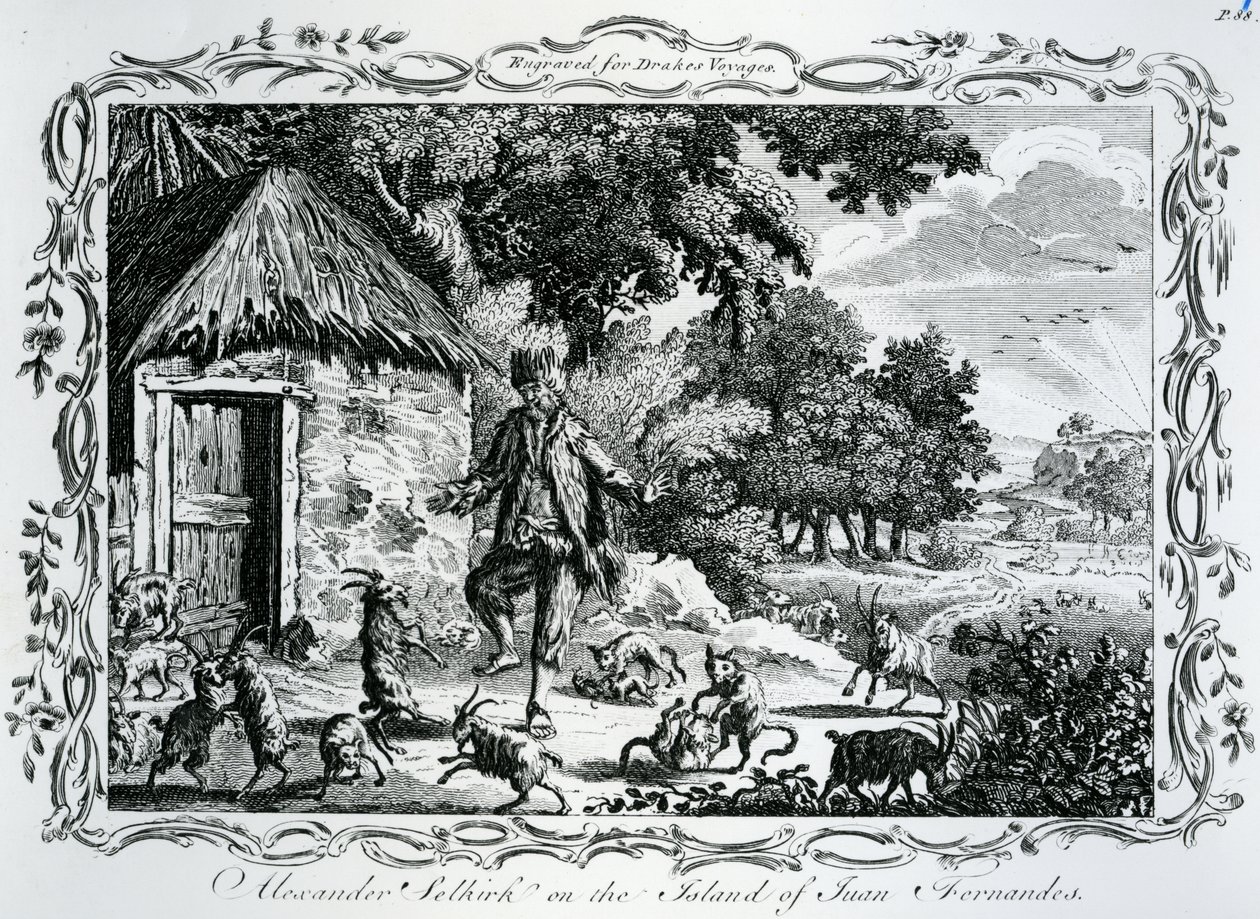 Alexander Selkirk på øya Juan Fernandes, publisert i 'Drakes Voyages', 1780 av English School
