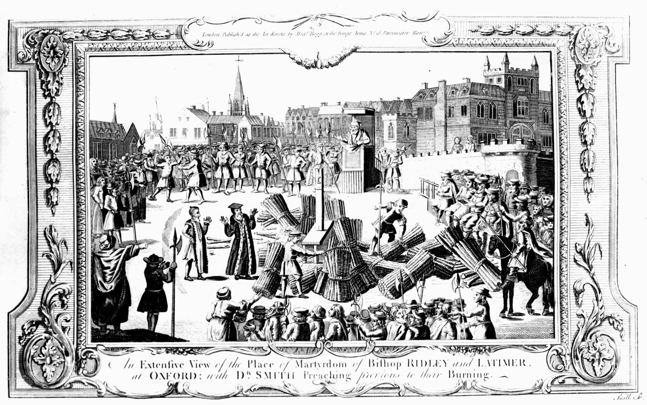 En omfattende utsikt over stedet for martyrdøden til biskop Ridley (ca. 1500-55) og Latimer (ca. 1485-1555) i Oxford med Dr. Smith som forkynte før deres brenning av English School