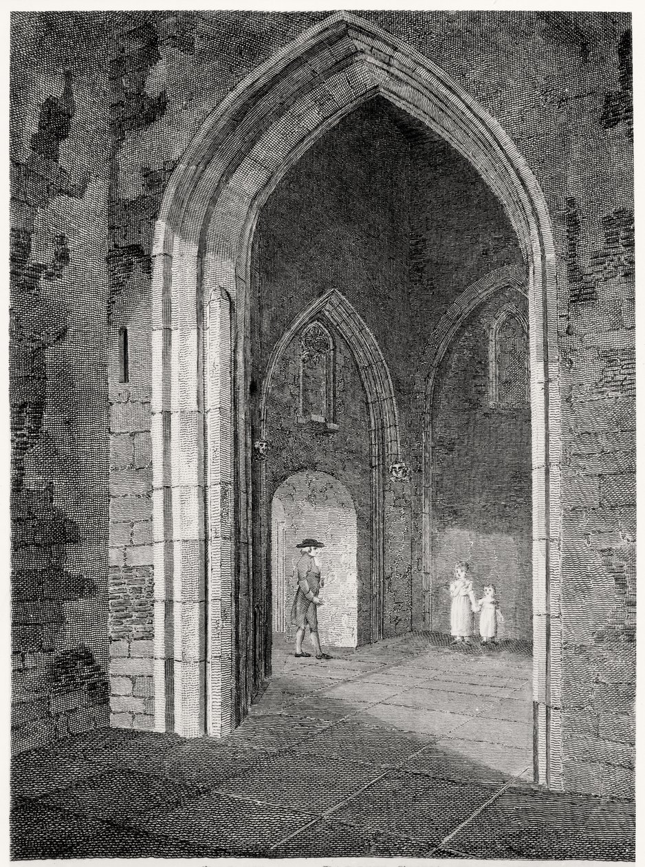 En innvendig utsikt over verandaen til Parish Church of St. Alphage, London Wall; tidligere kapellet til Priory of Elsynge Spital, pub. av Robert Wilkinson, 1815 av English School