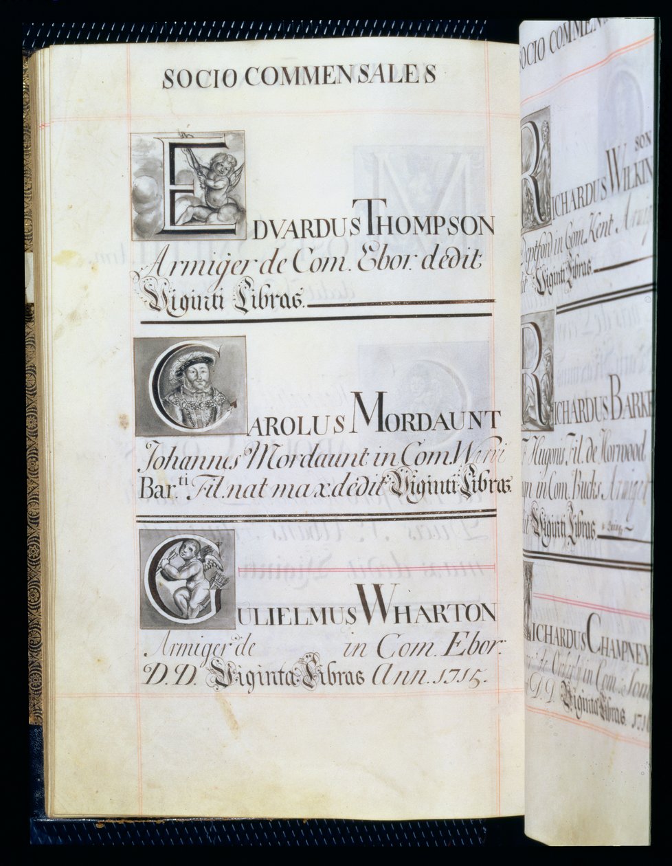 Arkiv 3693 f.58v Side som viser tre velgjørere fra New College, Oxford; Edvardus Thompson, Carolus Mordaunt og Gulielmus Wharton, fra en velgjørelsesbok, 16812-84 (penn og blekk) av English School