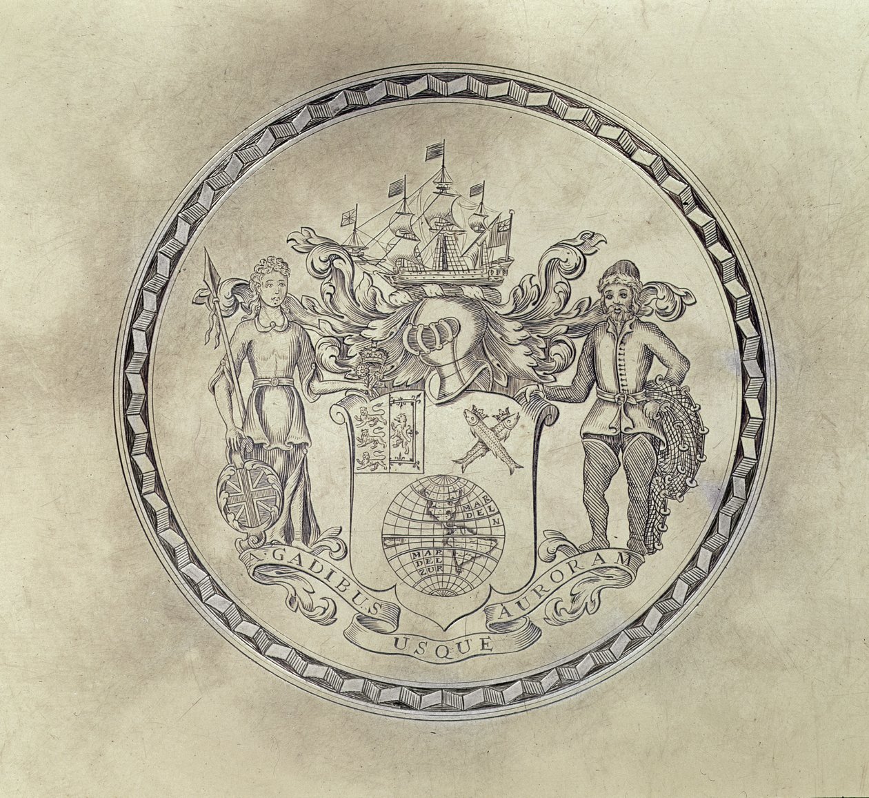 Armorials of the South Sea Company, gravert på en salver, 1714 (forgylt sølv) av English School
