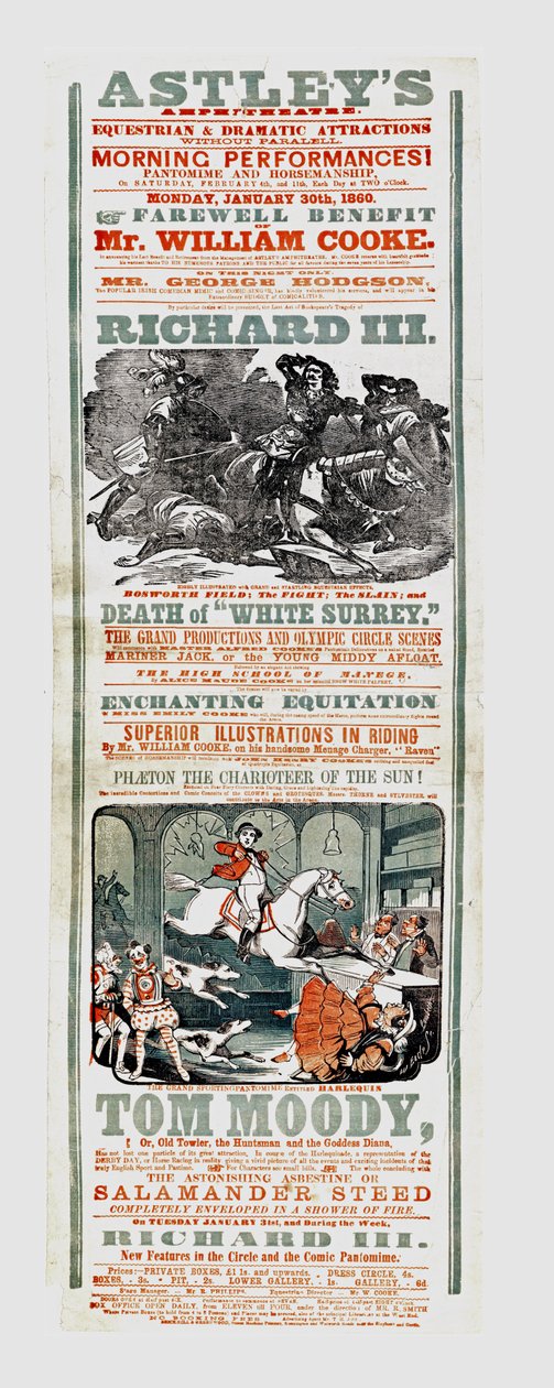 Astley's Circus-plakat som annonserer Farvel Benefit of Mr. William Cooke, 30. januar 1860 av English School
