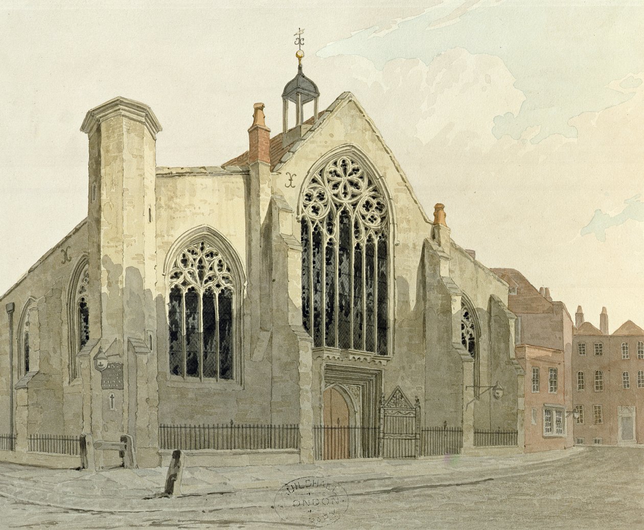 Austin Friars Church, Broad Street, fra North West, ca. 1780 (wc på papir) av English School