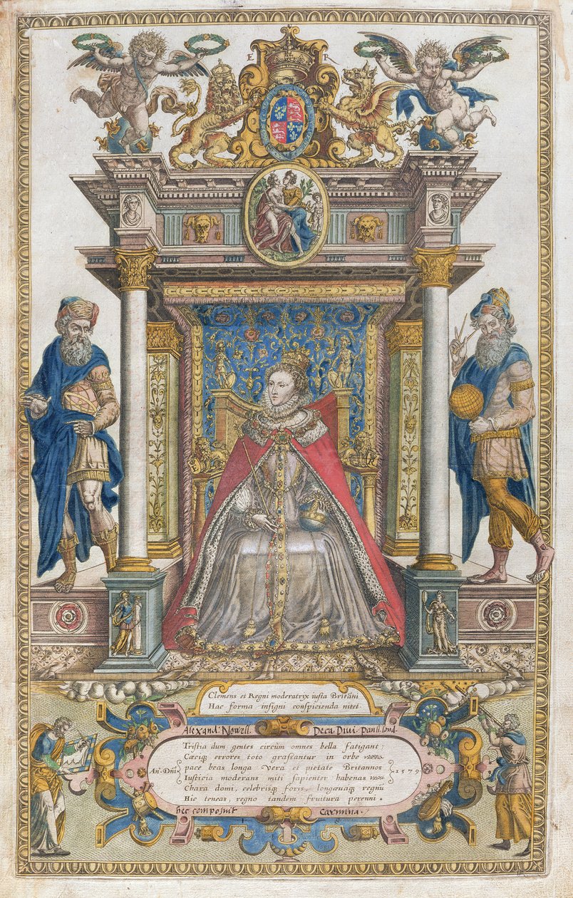 BT1.47.9 Dedikasjonen til dronning Elizabeth I fra en bok med kart over England og Wales av Christopher Saxton, utgitt 1579 av English School